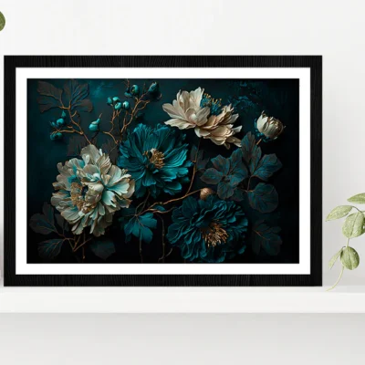 Painted Flowers Dark Moody Glass Framed Wall Art, Ready to Hang Quality Print