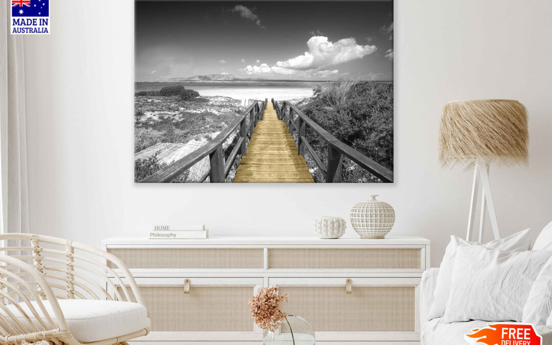 Wooden Path to Beach B&W View Photograph Print 100% Australian Made