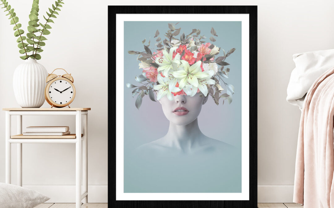 Young Woman With Flowers Abstract Glass Framed Wall Art, Ready to Hang Quality Print