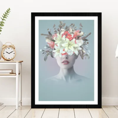 Young Woman With Flowers Abstract Glass Framed Wall Art, Ready to Hang Quality Print