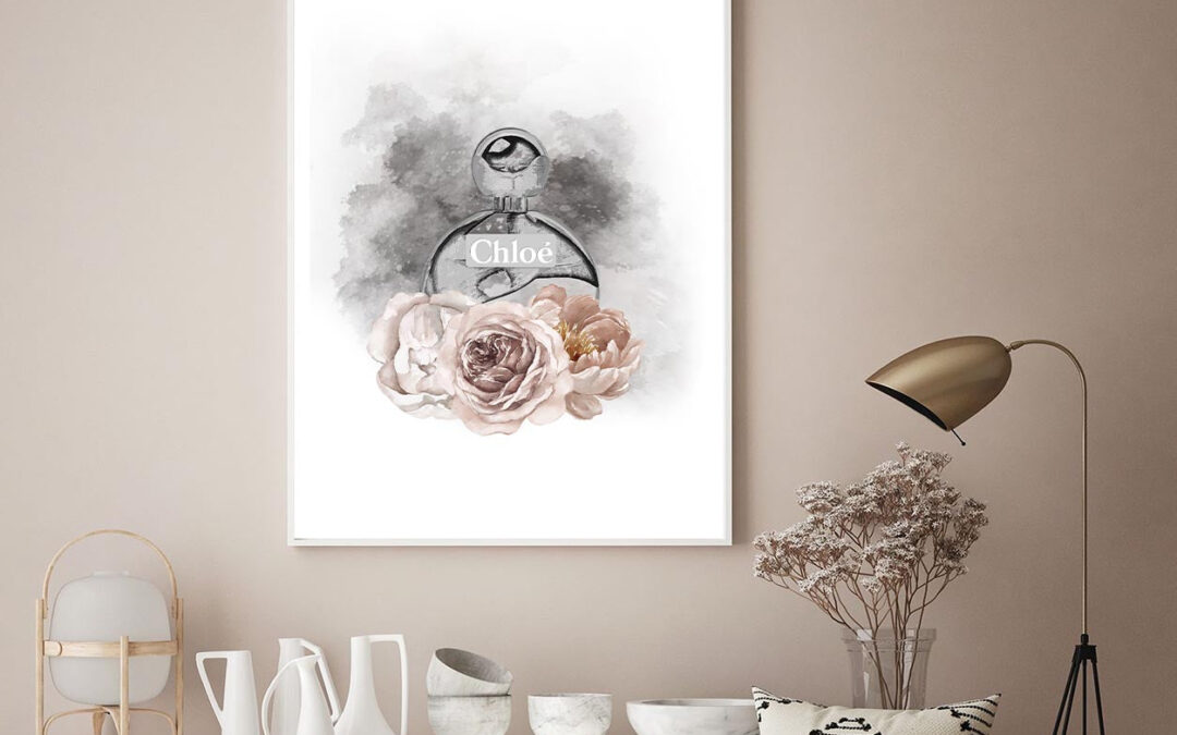 Round Perfume Bottle with Flowers Home Decor Premium Quality Poster Print Choose Your Sizes