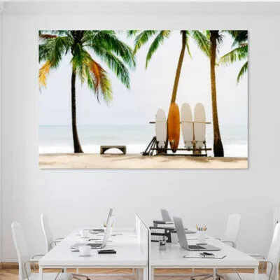Tropical Beach Palm trees surf boards Print 100% Australian Made