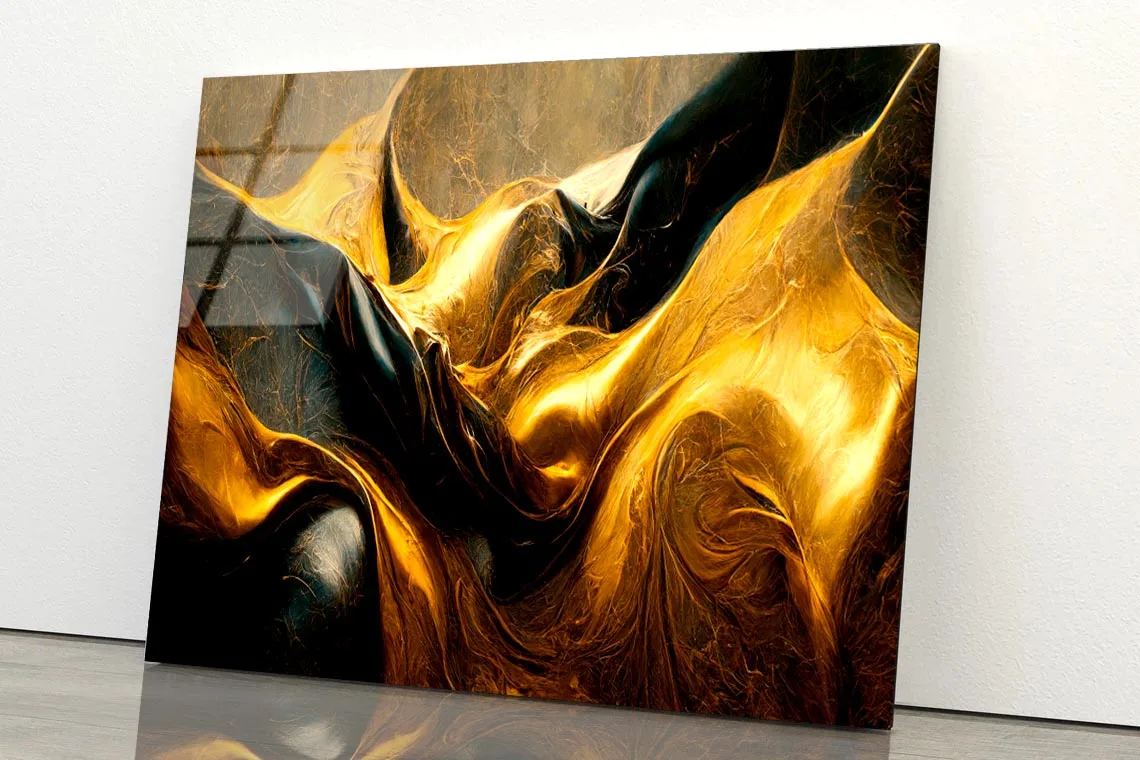 Black And Gold Waves Abstract Acrylic Glass Print Tempered Glass Wall Art 100% Made in Australia Ready to Hang