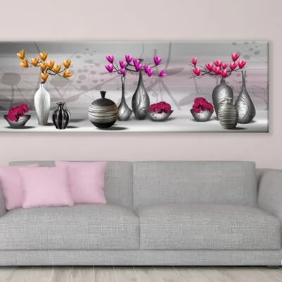 Panoramic Canvas Pink & Orange Flower Vase Digital Art Design High Quality 100% Australian Made Wall Canvas Print Ready to Hang