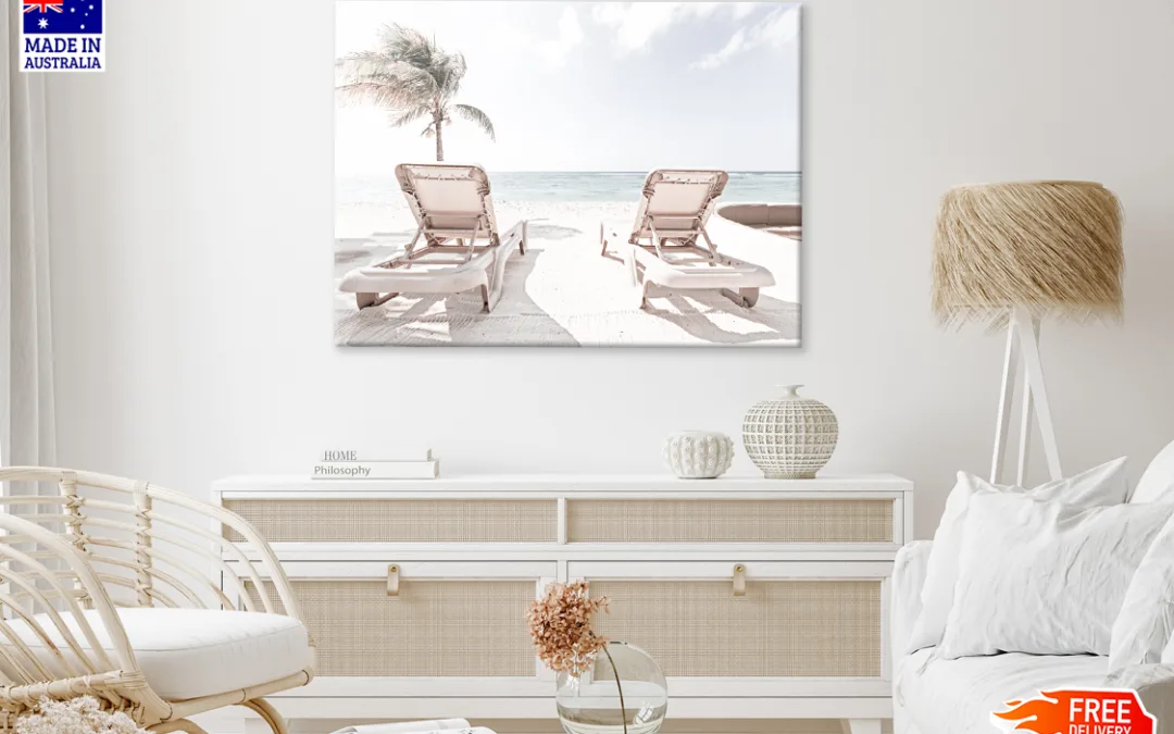 Chairs On Sea Shore & Plam Trees View Print 100% Australian Made