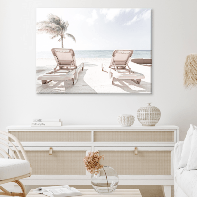 Chairs On Sea Shore & Plam Trees View Print 100% Australian Made