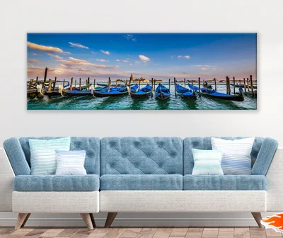 Panoramic Canvas Gondola Boats on Canal with Historic Basilica in Venice, Italy High Quality 100% Australian made wall Canvas Print ready to hang