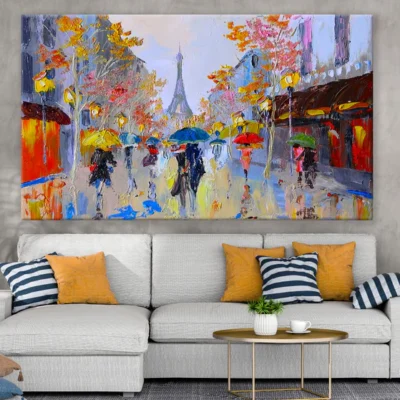 Eiffel Tower Street People Walking with Umbrellas Painting Print 100% Australian Made