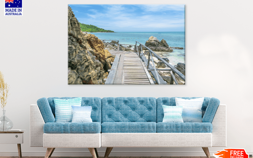 Wooden Pier & Mountain Sea View Photograph Print 100% Australian Made