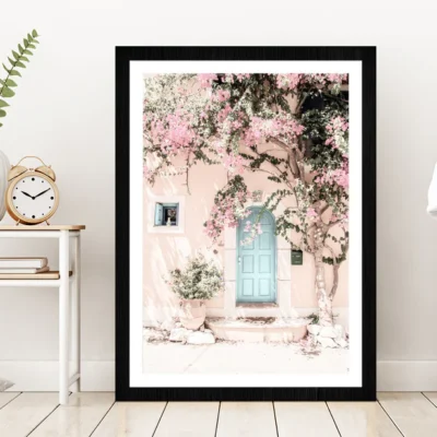 House & Flower Tree Faded Photograph Glass Framed Wall Art, Ready to Hang Quality Print