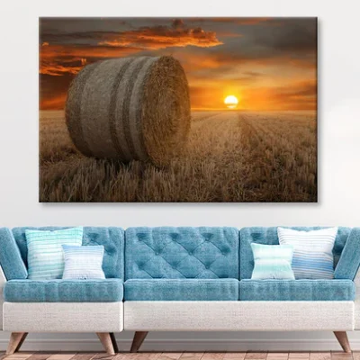 Straw Bales in A Field at Sunset Wall Art Decor 100% Australian Made