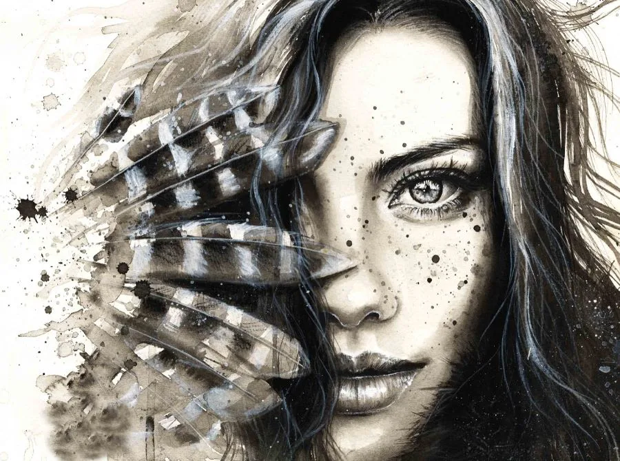 Woman Face Closeup Fashion B&W Painting Print 100% Australian Made - Image 2