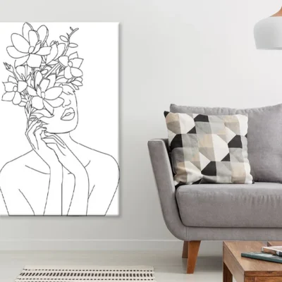 Flowers & Woman Face B&W Line Art Design Print 100% Australian Made