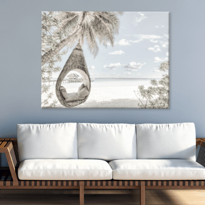 Beach Huts & Sea Palm Trees View Print 100% Australian Made