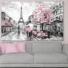 Romantic Paris Street Eiffel Tower & Flower Trees Painting Print 100% Australian Made