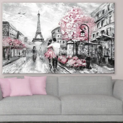 Romantic PAris Street Eiffel Tower & Flower Trees Painting Print 100% Australian Made