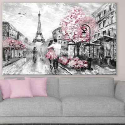 Romantic Paris Street Eiffel Tower & Flower Trees Painting Print 100% Australian Made