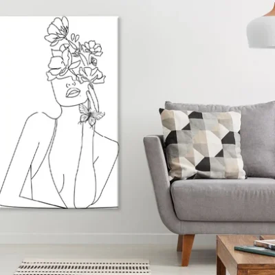 Flowers & Woman Face B&W Line Art Design Print 100% Australian Made