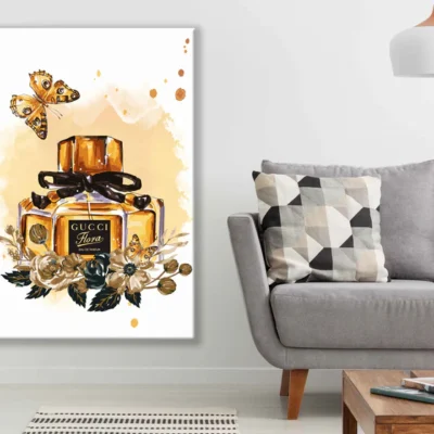 Flora Gold Perfume & Butterflies with Flowers Watercolor Painting Print 100% Australian Made