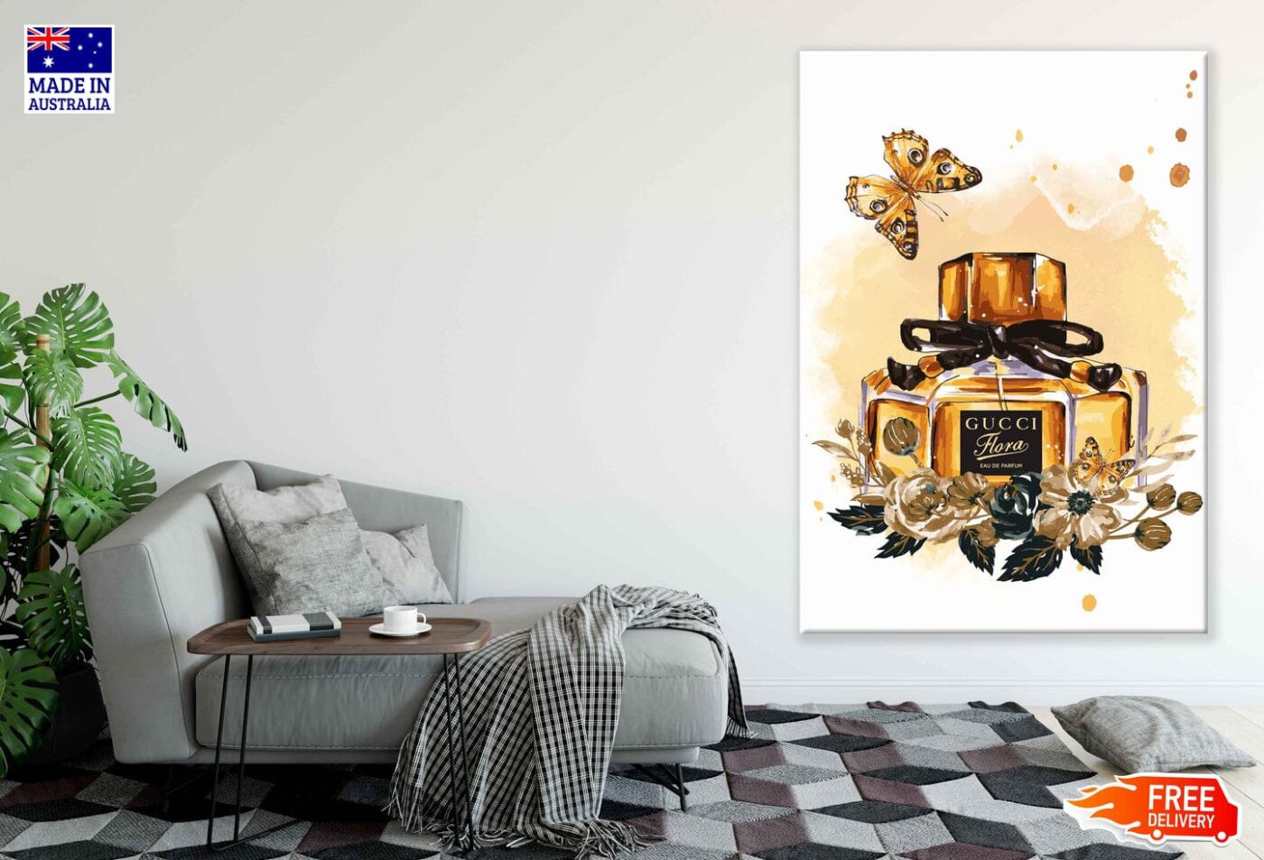 Flora Gold Perfume & Butterflies with Flowers Watercolor Painting Print 100% Australian Made - Image 2