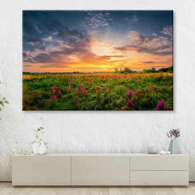 Sun Set Landscape with A Wild Field Full of Purple Flowers Wall Art Decor 100% Australian Made