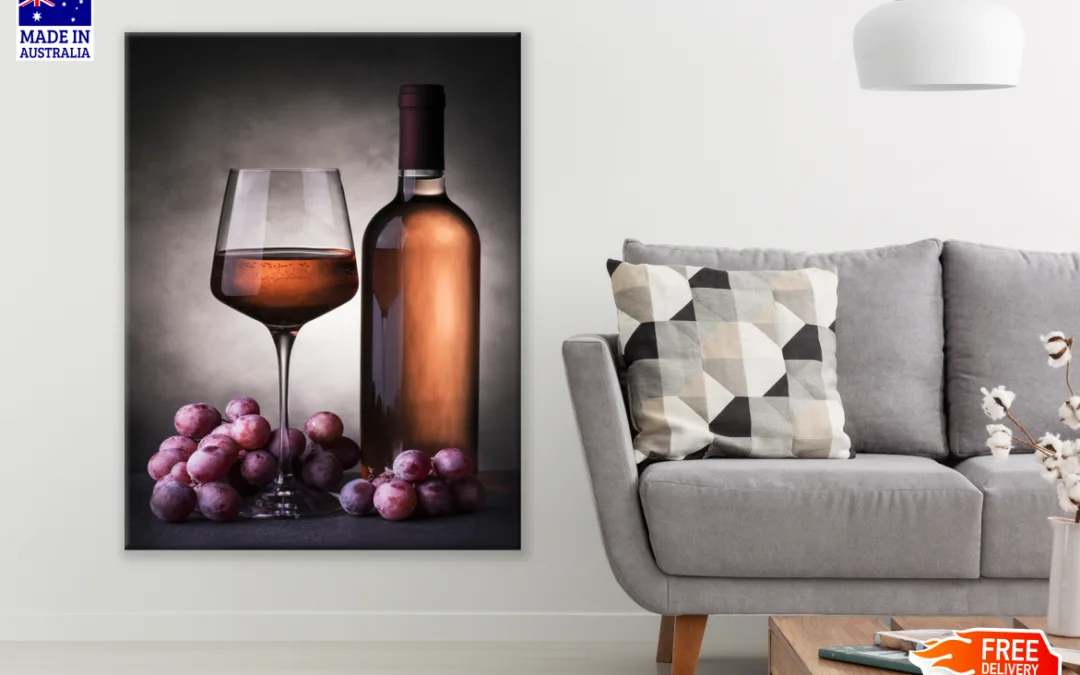 Grape Wine Bottel, Glass & Grape Fruit Kitchen & Restaurant Print 100% Australian Made