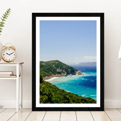 Blue Aegean Sea Coast &Wild Cliff Glass Framed Wall Art, Ready to Hang Quality Print