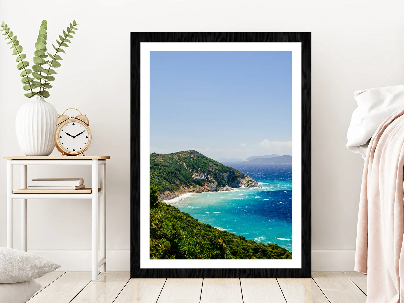 Blue Aegean Sea Coast &Wild Cliff Glass Framed Wall Art, Ready to Hang Quality Print