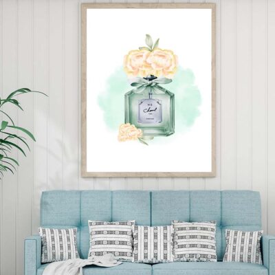 Green Elegant Perfume with Yellow Shaded Flowers Design Home Decor Premium Quality Poster Print Choose Your Sizes