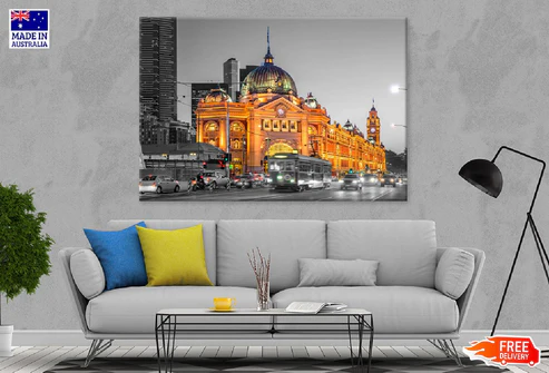 Summer Field With WhiFlinders Street in Melbourne B&W Photograph Print 100% Australian Madete Daisies on Blue Sky Wall Art Decor 100% Australian Made