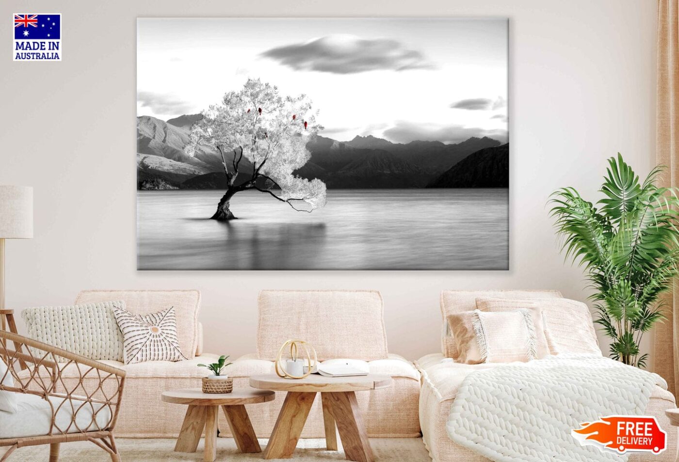 Red Birds on Tree B&W View Photograph Print 100% Australian Made - Image 2