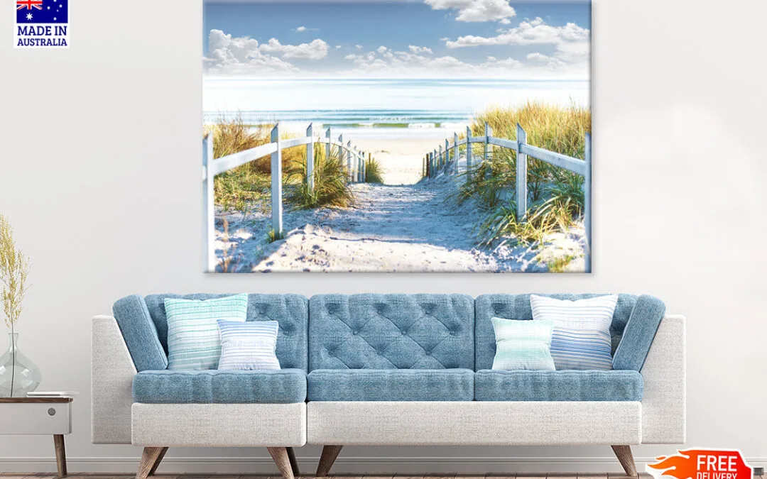 Cloudy Sky & Wooden Path to Sea Print 100% Australian Made