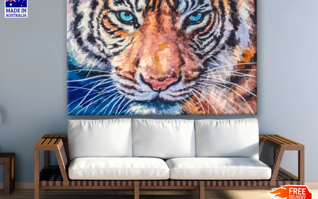 Blue Eyes Tiger Face Portrait Painting Print 100% Australian Made