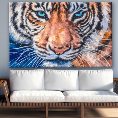 Blue Eyes Tiger Face Portrait Painting Print 100% Australian Made