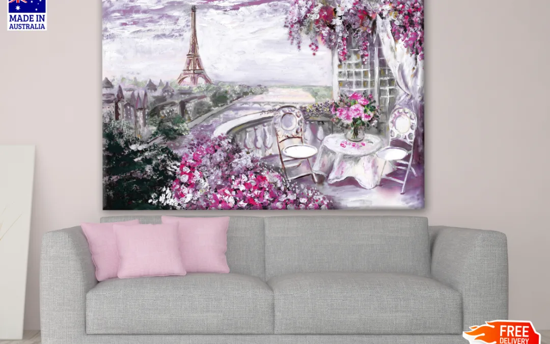 Summer Cafe in Paris City Landscape View Eiffel Tower Oil Painting Print 100% Australian Made