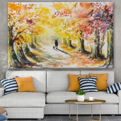 Man Walking with A Dog in Autumn Tree Park Painting Print 100% Australian Made