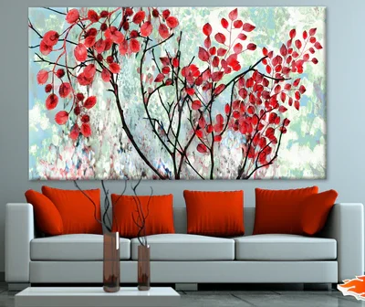 Tree with Red Leaves on Blue Painting Print 100% Australian Made