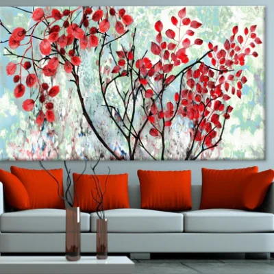 Tree with Red Leaves on Blue Painting Print 100% Australian Made