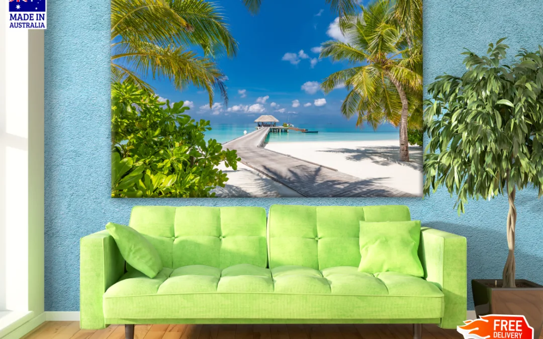 Stunning Beach View with Huts on Pier & Palm Trees Photograph Print 100% Australian Made
