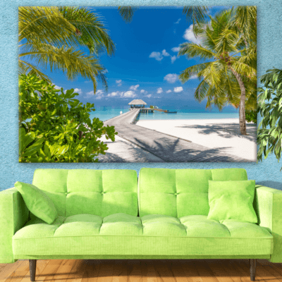 Stunning Beach View with Huts on Pier & Palm Trees Photograph Print 100% Australian Made