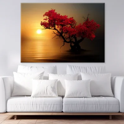 Red Leaves In Trees & Sunset Photograph Print 100% Australian Made