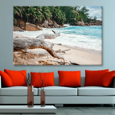 Rocks And Palm Trees Along the Shore, Seychelles Wall Art Decor 100% Australian Made