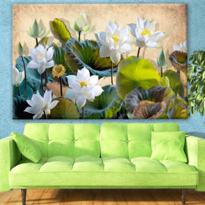Blooming White Lotus Flowers with Green Leaves Painting Print 100% Australian Made