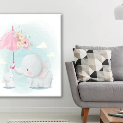Cute Mommy and Baby Elephant with Red Umbrrella Nursery & Kids Design Print 100% Australian Made