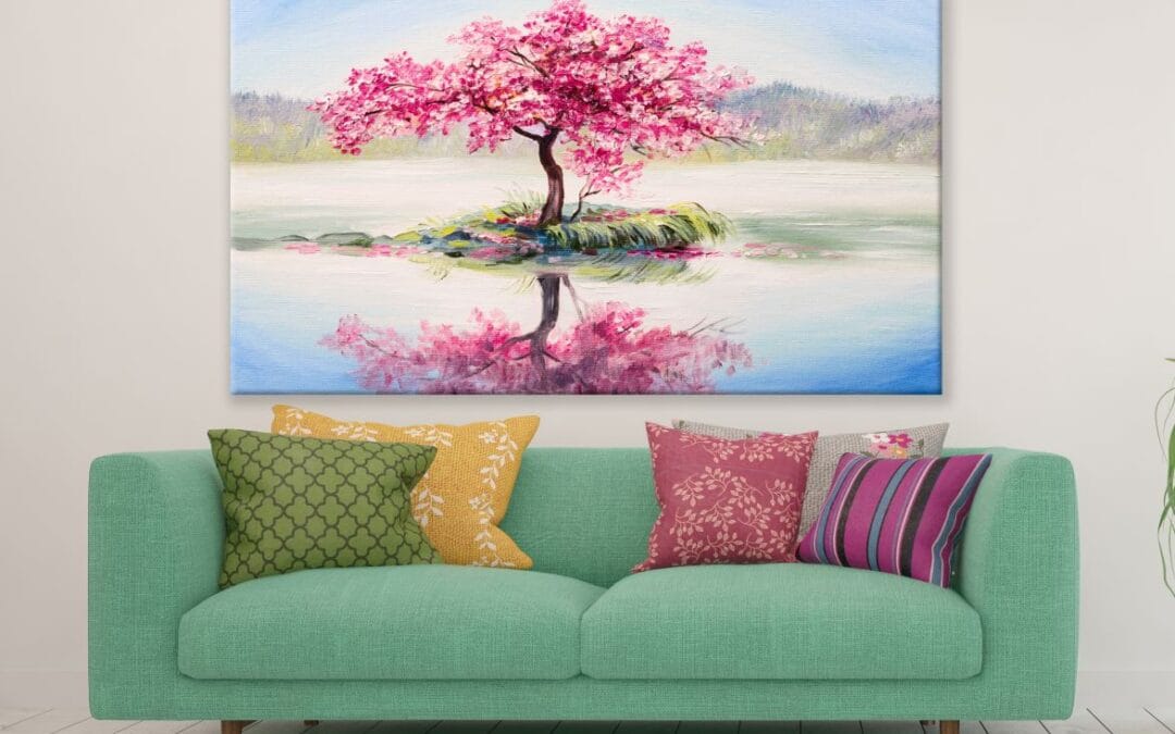 Single Cherry Bloosm Tree in a Lake Painting Print 100% Australian Made