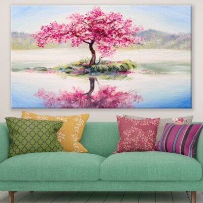Single Cherry Bloosm Tree in a Lake Painting Print 100% Australian Made