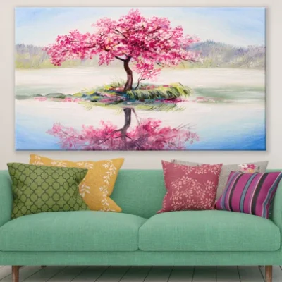 Single Cherry Bloosm Tree in a Lake Painting Print 100% Australian Made