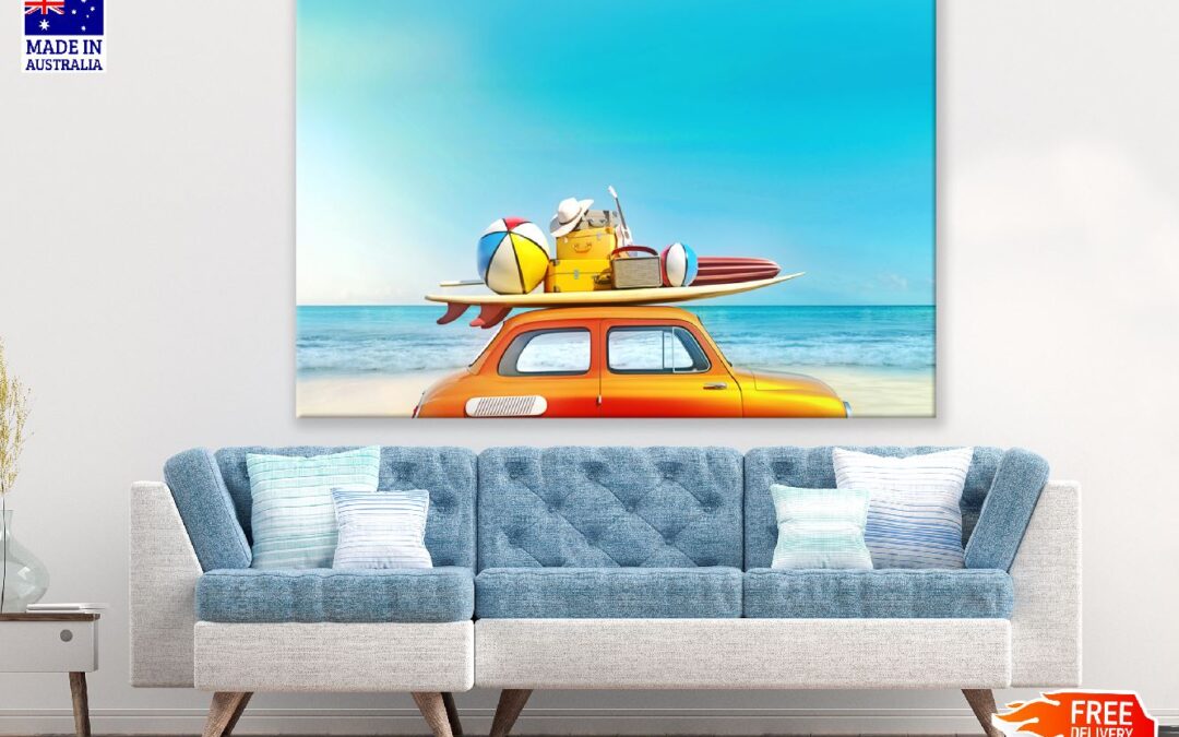 Small Retro Car with Baggage and Beach Digital Art Print 100% Australian Made