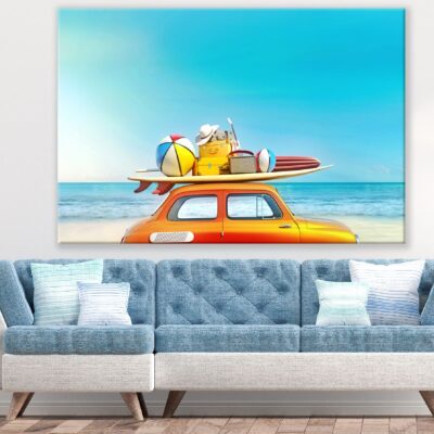 Small Retro Car with Baggage and Beach Digital Art Print 100% Australian Made
