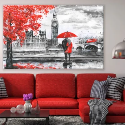 Couple Raining Big Ben Floral Painting Print 100% Australian Made